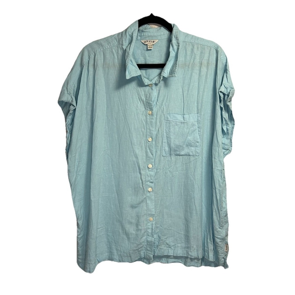 Orvis Shirt Women's‎ XXL 2XL Teal Blue Button Up Linen Button Up Collared Pocket